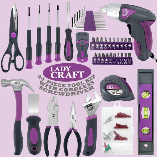 Uniteco 44PCS 3.6V/4V Cordless Screwdriver Tool Kit Set Pink Color Tools Lady Tools Kit Home Repair Set Toolbox Hand Tool Kit Storage Case