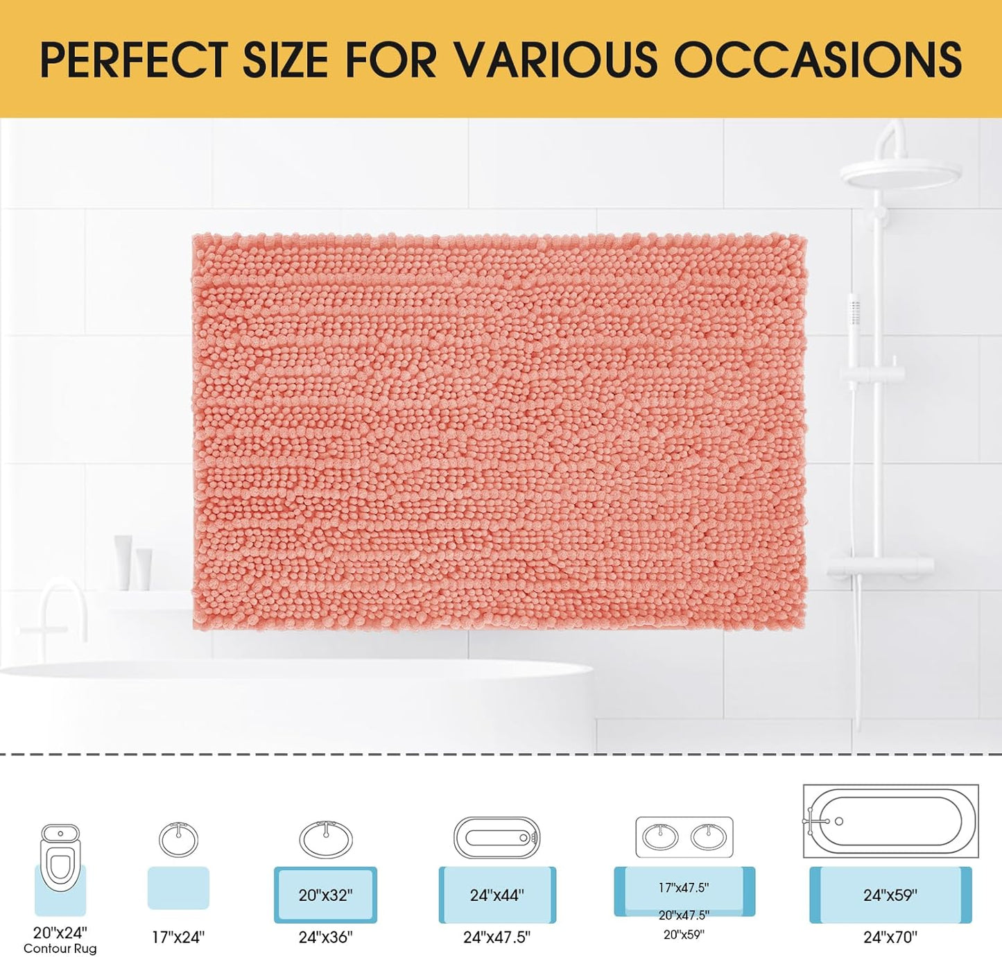 ACCUMTEK Upgrade Luxury Coral Bathroom Rug Mat 36"x24", Ultra Soft Thick Absorbent Bath Mats, Non Slip Chenille Toilet Mat for Bathroom, Bedroom, Kitchen, Shower, Tub
