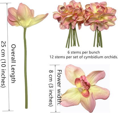 12 PCS High Quaulity Latex Real Touch Cymbidium Orchid Artificial Flower Bouquet for Wedding Holiday Bridal Bouquet Home Party Decor Bridesmaid (Pink)