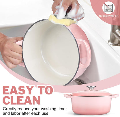 Small 3 Quart Dutch Oven, HaSteeL Round Cast Iron Cooking Pot with Lid, Nonstick Enameled Cookware for Sourdough Bread Baking Roasting Stewing Braising Frying, Heavy Duty & Oven Safe 500℉, Pink
