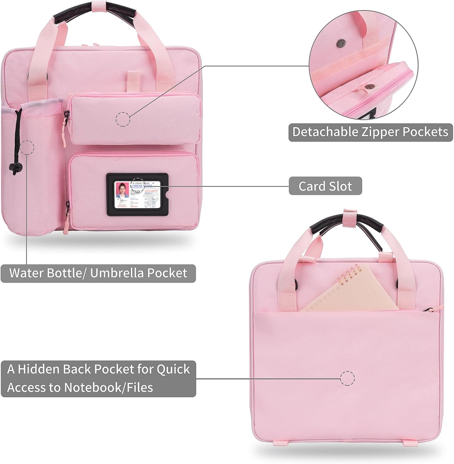 Zipper Binder 3 Ring 3-inch with Shoulder Strap & Backpack Straps, 700 Sheets Capacity Multiple Pockets Large Zip Up Binder File Folder Bag Fits 13 Inch Laptop, Pink