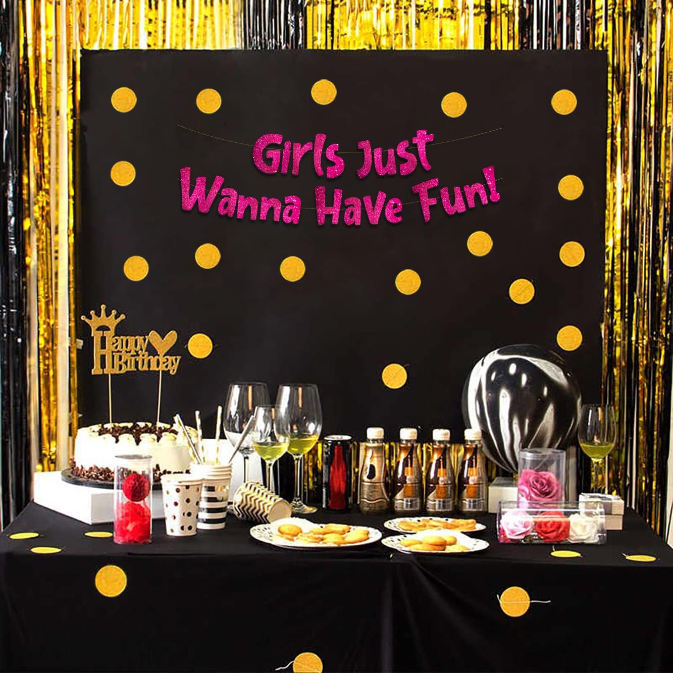 Pre-Strung Girls Just Wanna Have Fun Neon Pink Glitter Banner - Bachelorette Party Decorations for Her - Party Supplies, Favors and Gifts