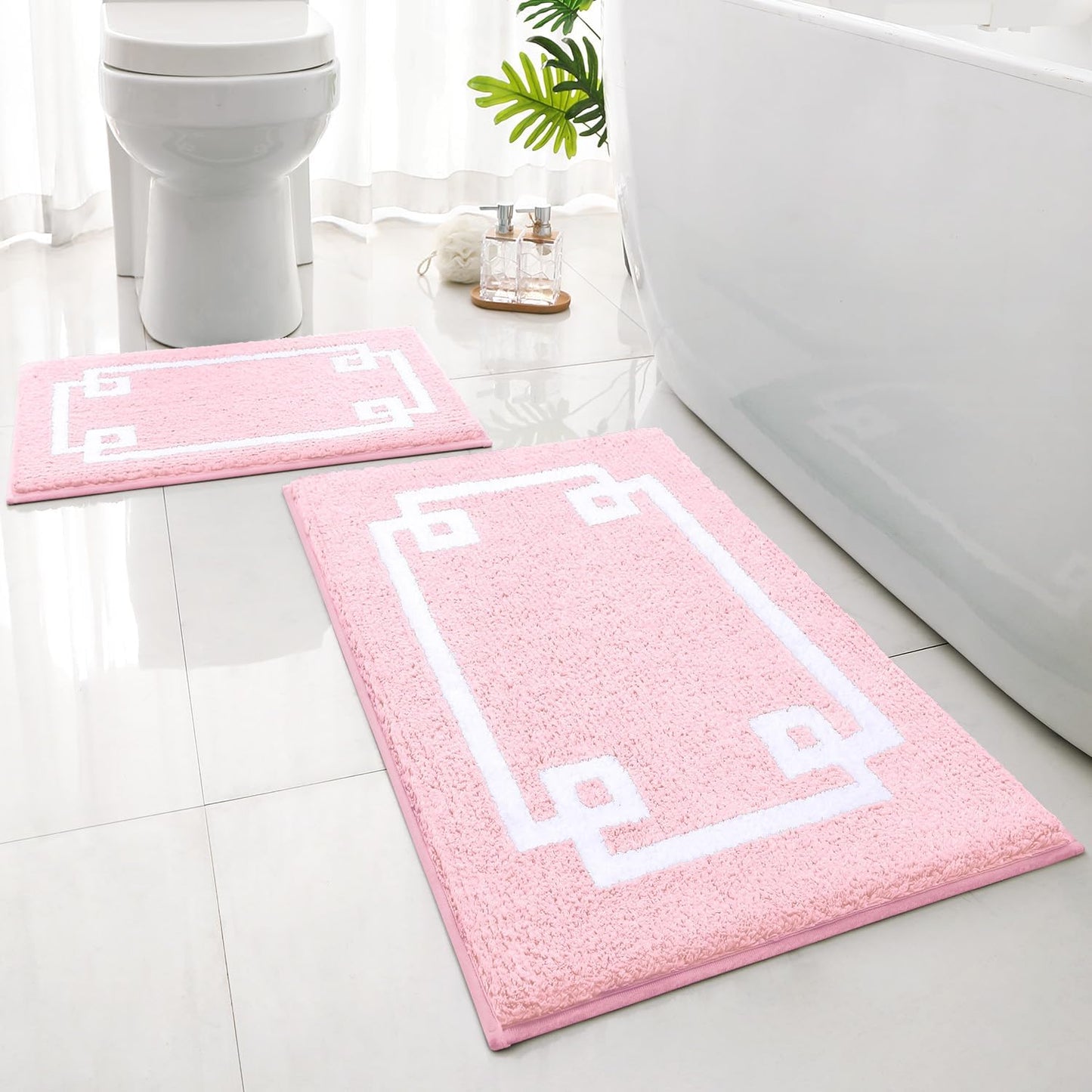 HOMEIDEAS 2 Piece Bathroom Rug Set, Ultra Soft Microfiber Bath Mats, Absorbent Non Slip Washable Rugs for Bathroom, Shower & Tub (Pink, 16"x24"+20"x32")