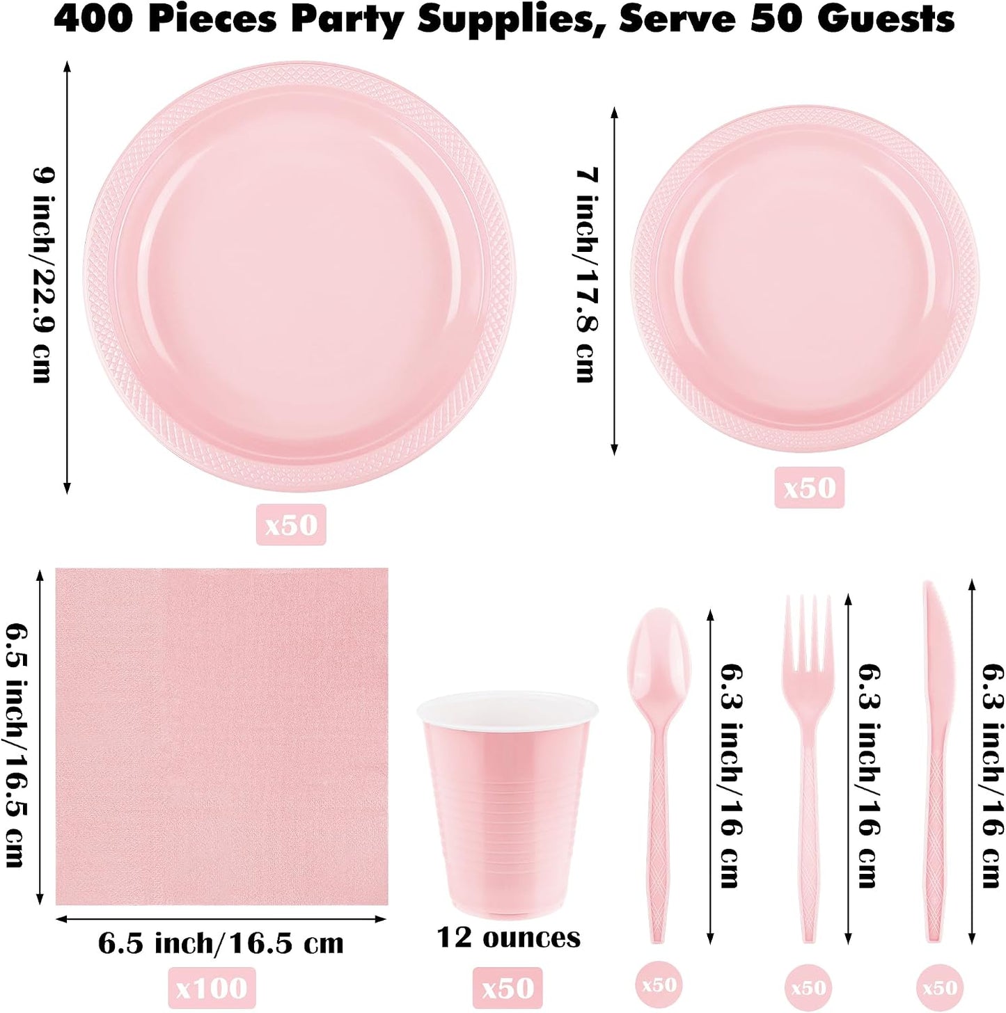 Aodaer 400 Pieces Pink Party Supplies Disposable Dinnerware Set Include Plastic Plates Cups Knives Forks Spoons Paper Napkins for Birthday Wedding Graduation Parties, Serve 50 Guests