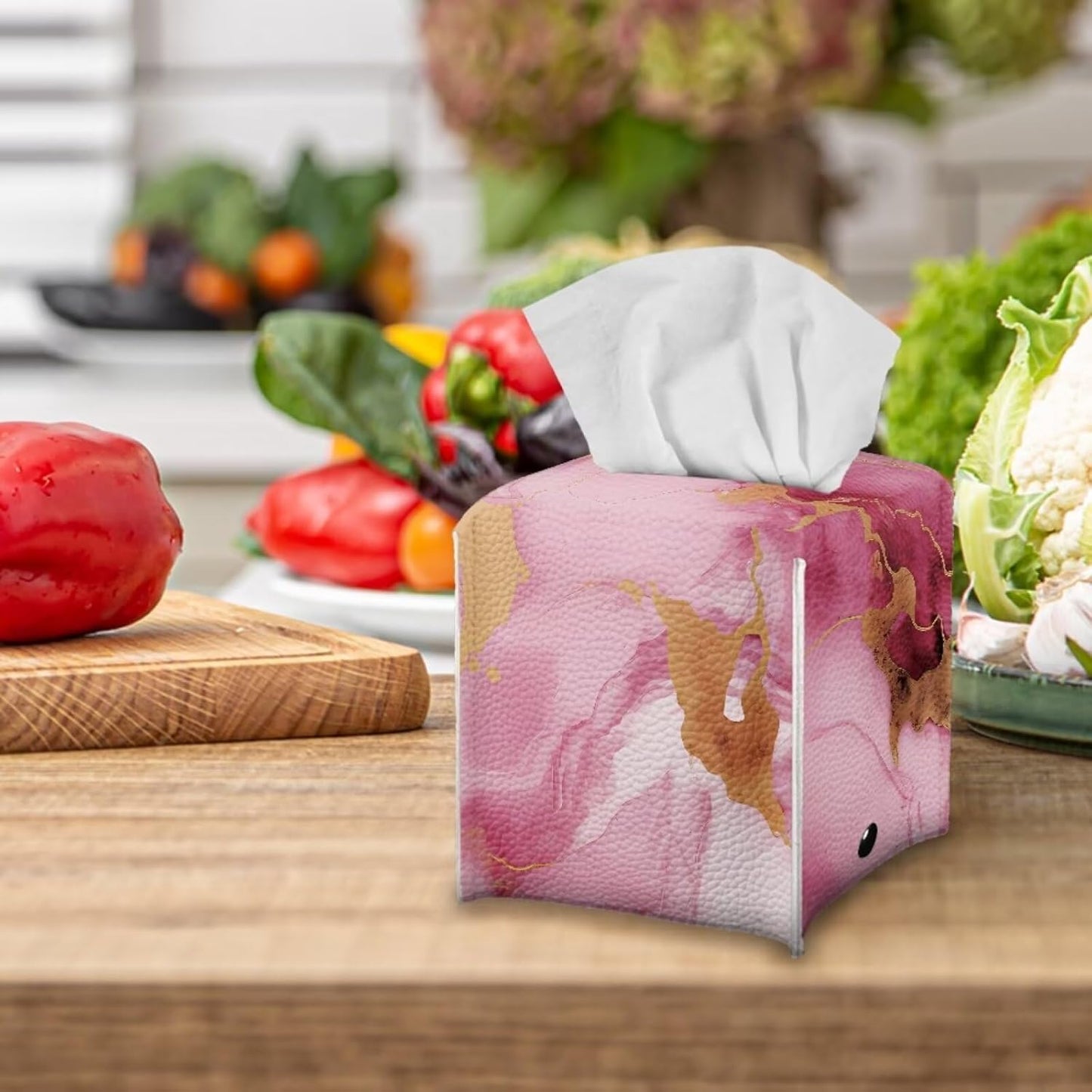 Tissue Box Cover Decorative Holder PU Leather Square Novelty Case Dispenser for End Table, Office Desk, Nightstand, Home Decoration, Pink Marble