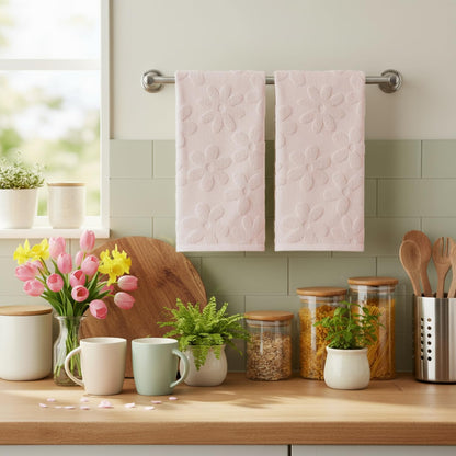 Artoid Mode 2 Pcs Pink 3D Floral Jacquard Spring Hand Towels for Bathroom, 100% Cotton Soft Absorbent Bathroom Decor Towels, 13.7 x 29.5 Inch