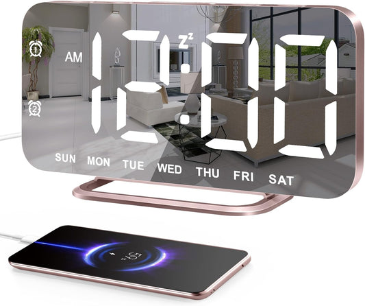 Slim LED Digital Alarm Clock, Mirror Surface for Makeup, with Diming, Large Display, Easy Setting, USB Ports, Modern Decor for Bedroom, Desk, Christmas, Birthday Idea Gift for Women, Sister, Mom, Pink