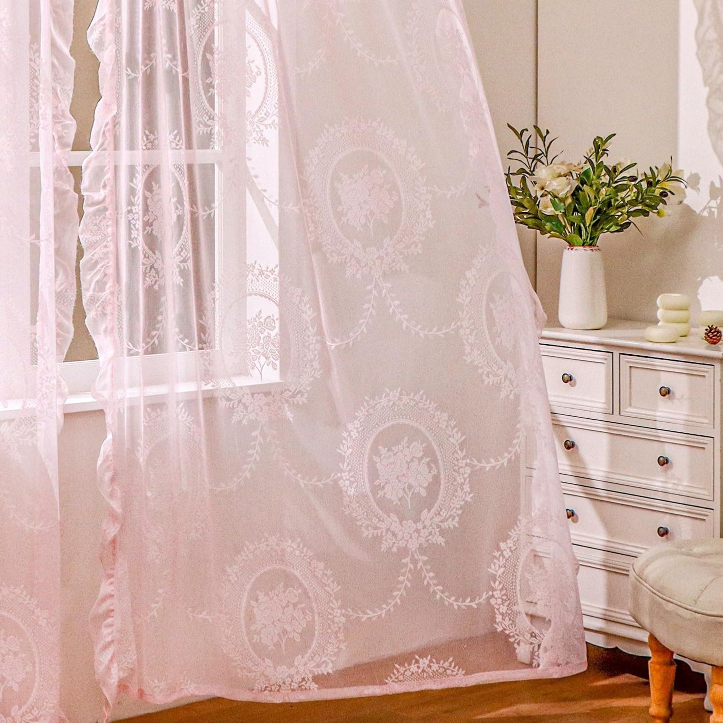 Pink Lace Curtains 63 Inch Length for Bedroom 2 Panels Set Cute Vintage Curtains Sheer Floral Embroidery Ruffled Window Treatment Rod Pocket,52 X 63 Inch,Pink