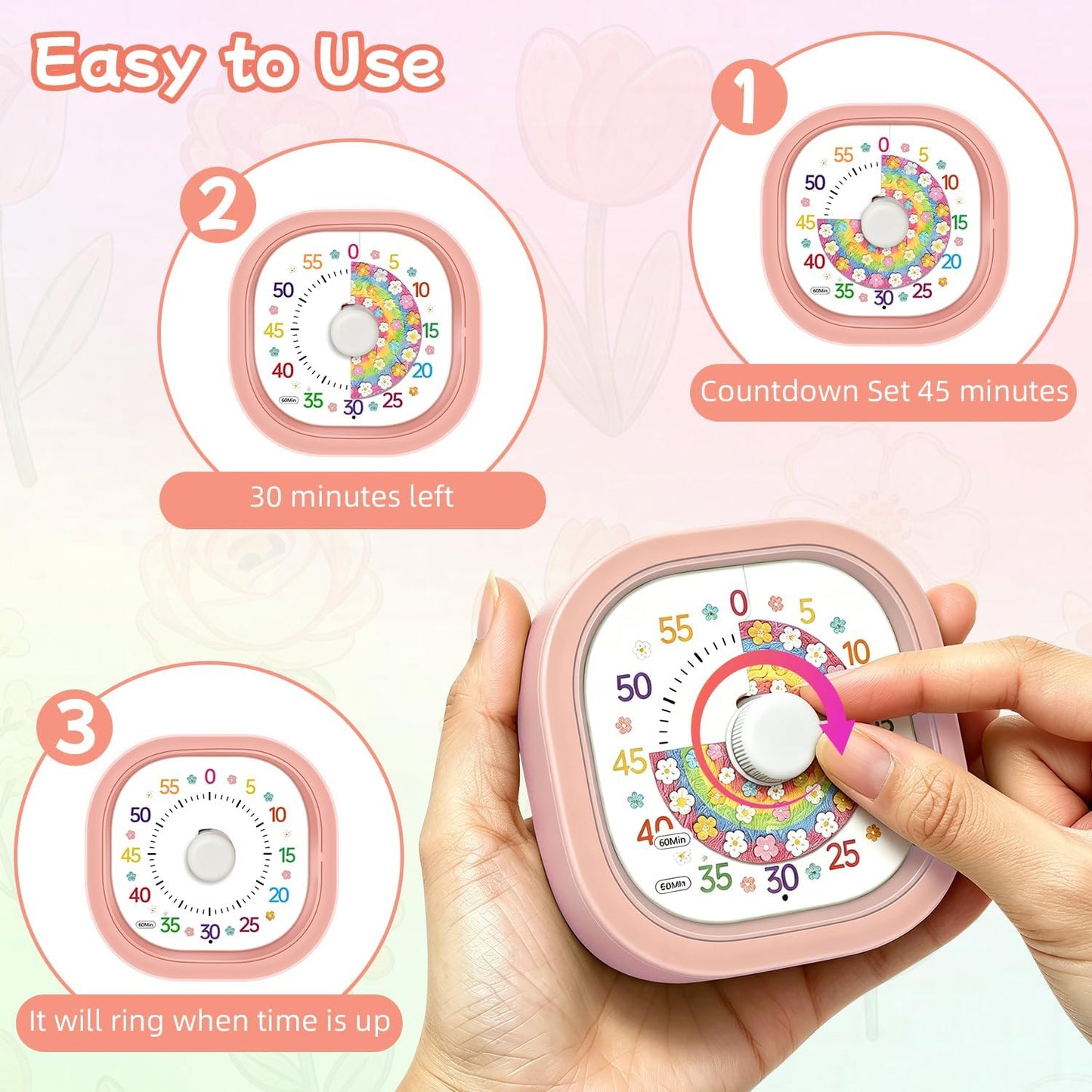 Visual Timer 60 Minute – Silent Countdown Clock Visual Timer for Kids with Color-Coded Flower Disk Battery Operated 2 Alert Modes, Classroom Must Haves Timers for Classroom Cooking, Pink