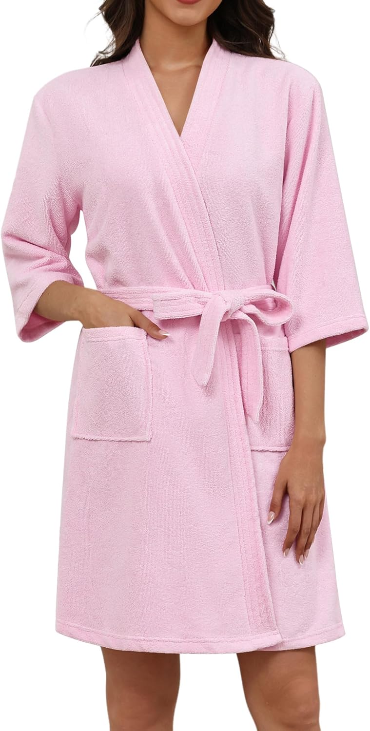 Ekouaer Women Terry Cloth Robes Absorbent Towel Robe Knee Length Soft Bathrobe 3/4 Sleeve Spa Robe with Pockets S-2XL