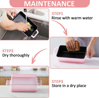 Leonyo Cast Iron Loaf Pan 2 Piece Set, 9x5 inch Enameled Cast Iron Bread Pan with Lid, 2-in-1 Homemade Sourdough Bread Dutch Oven for Pound Cake, Lasagna, Up to 500℉ & Pink