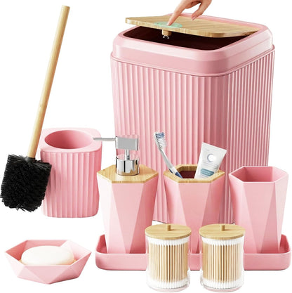 BSSN 10-Piece Pink Bathroom Accessories Set - Unbreakable Modern Bath Decor with Bamboo Accents - Includes Trash Can, Toilet Brush, Soap Dispenser, Tray, 2 Q-tip Holders - Complete Essentials