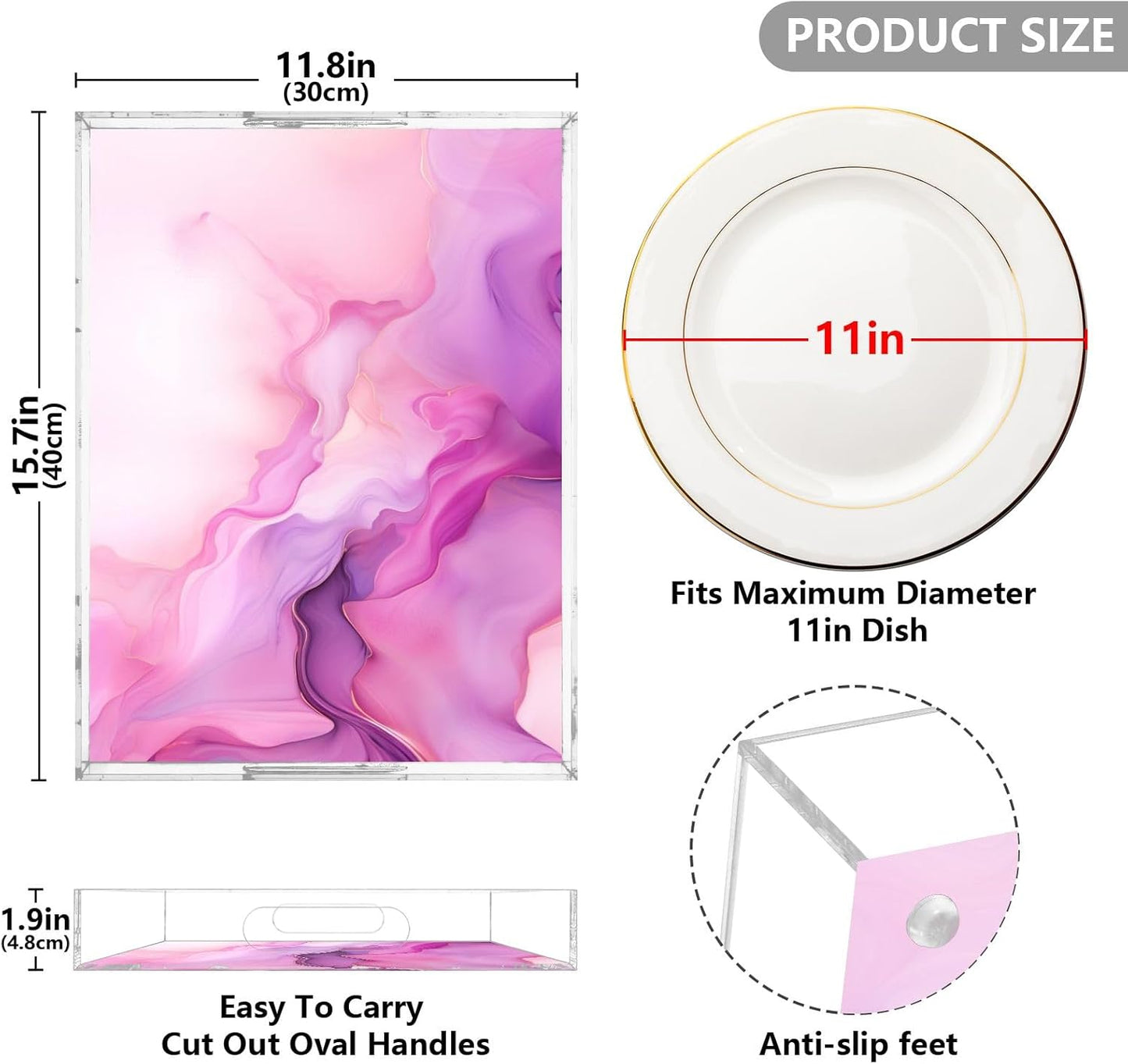 Plastic Food Serving Tray Decorative Vanity Trays for Bathroom Marble Hot Pink Coffee Table Kitchen Counter 11.8 * 15.7in