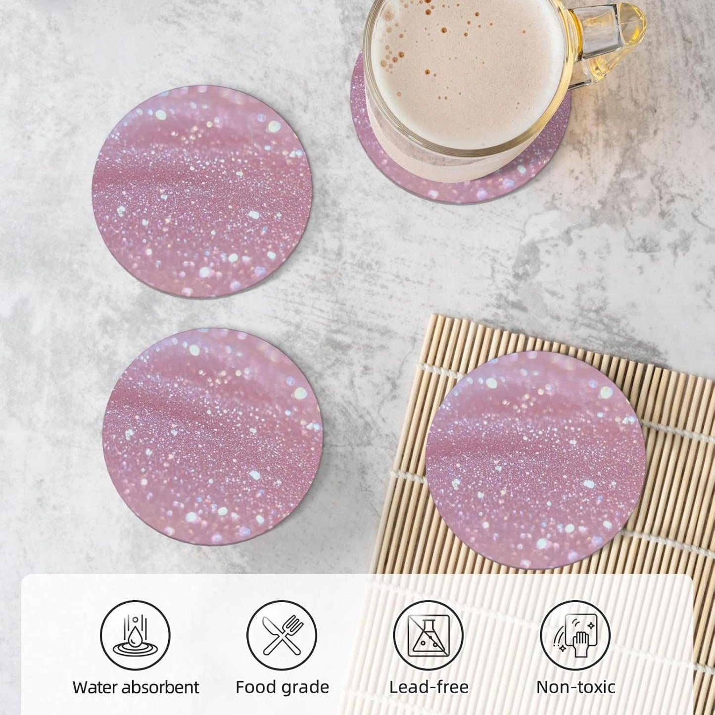 Pink Glitter Pattern Coasters Set of 4 Absorbent Ceramic Coasters for Drinks Modern Cup Coaster with Cork Backing Cute Stone Coaster Housewarming Gifts 4.1 Inches