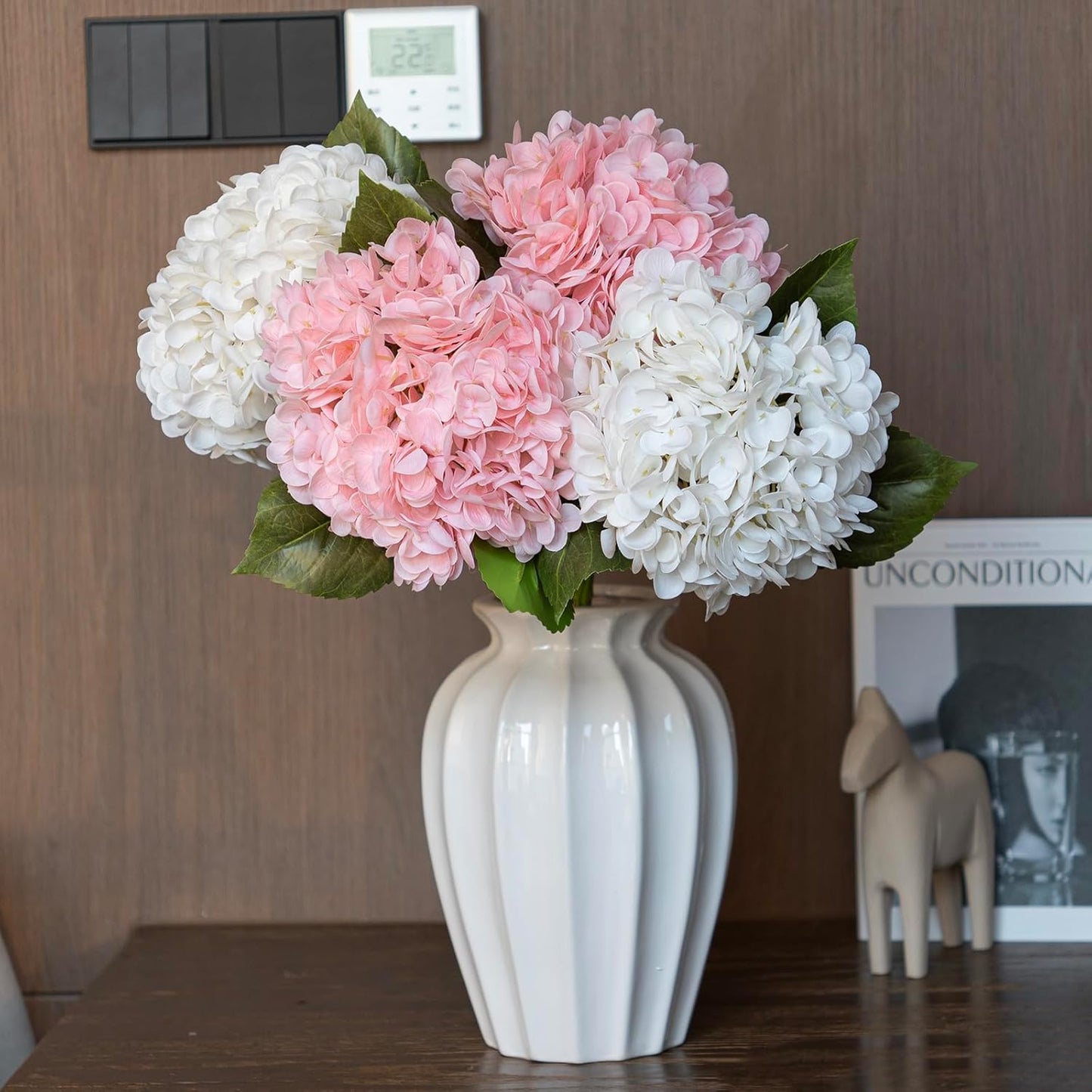 DUYONE 22" Real Soft Touch Hydrangea Artificial Flowers Realistic,Large Long Stem Fake Flowers Full Latex Faux,Wedding Bouquet,Party Home Decor,Garden Office Room Table Centerpieces Pink 3Pcs