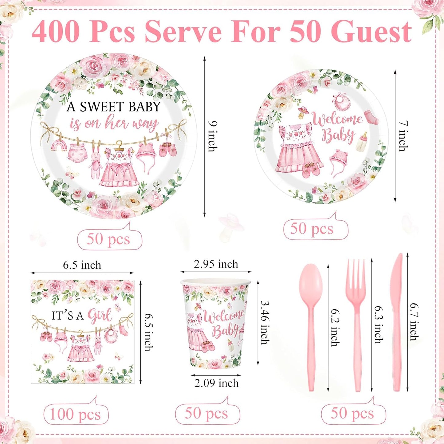 Pickmesh 400 Pcs Floral Baby Shower Party Decoration Include A Sweet Baby ls on Her Way Disposable Paper Plates It's a Girl Napkins Cup Cutlery Pink Floral Sweet Girl Tableware Set Supplies Serve 50