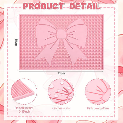 Pink Bow Silicone Coffee Bar Mat 18"X12" Cute Bow Kitchen Mats for Countertop Pink Coffee Bar Accessories Non-Slip Bartender & Spill Decorative Drying Drip Pad for Kitchen