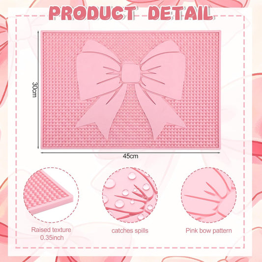 Pink Bow Silicone Coffee Bar Mat 18"X12" Cute Bow Kitchen Mats for Countertop Pink Coffee Bar Accessories Non-Slip Bartender & Spill Decorative Drying Drip Pad for Kitchen