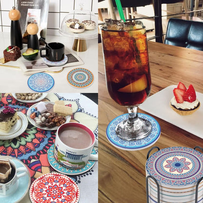 Newk Ceramic Absorbent Coasters - Set of 8 with Metal Holder, Light Colorful Mandala Patterns for Coffee Table, Great Housewarming Gifts