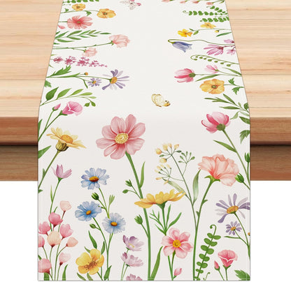 Bonhause Spring Floral Table Runner 13x72 Inch Pink Flowers Plants Leaves Butterflies Seasonal Summer Kitchen Dining Table Decoration for Indoor Outdoor Home Party Decor