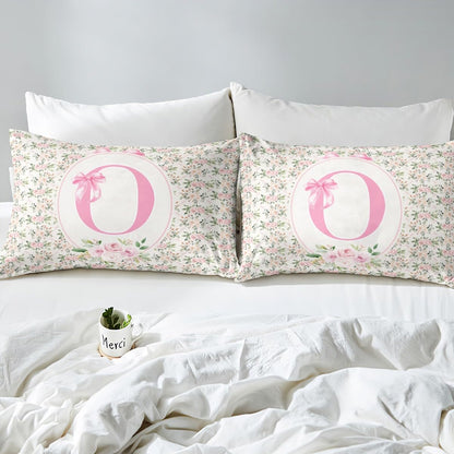 Erosebridal Letter O Bed Sheets Set Twin Peach Blossom Sheet Set Coquette Princess Floral Print Sheets Girly Cute Kawaii Ribbon Bow Rose Flat Fitted Sheet
