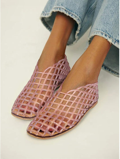 Jelly Mesh Ballet Flats for Women Fishnet PVC Clear Hollow Jellies Sandals Comfortable Beach Ballerina Flats Shoes