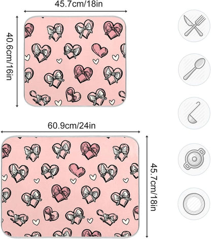 Dish Drying Mat for Kitchen Counter Light Pink Heart Bows Valentine Day Absorbent Drying Dish Mat 16×18 inch Dish Rack Pad Coffee Mat for Sink Dishes Under Rack