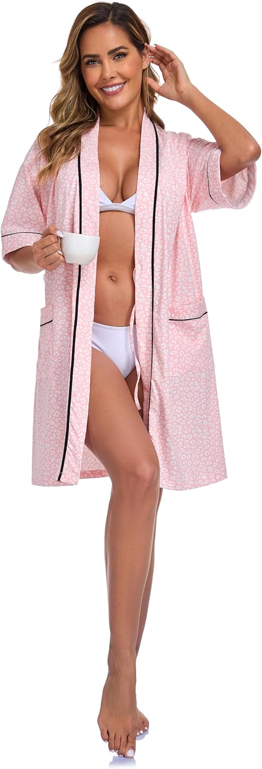 COLORFULLEAF Women's 100% Cotton Robes Summer Short Sleeve Robe Lightweight Knee Length Bathrobe Loungewear with Pockets