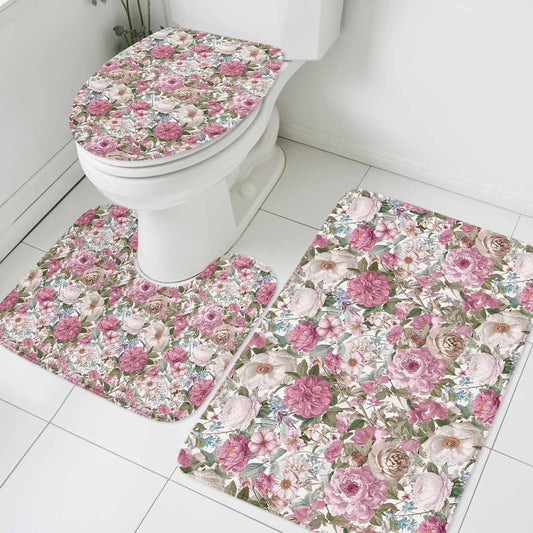 Light Pink Spring Floral Bathroom Rugs Mat Sets 3 Piece, Vintage Summer Botanical Bath Shower Rugs with U-Shaped Contour Toilet Mat, Large Absorbent Bathtub Runner Rugs Floor Mats
