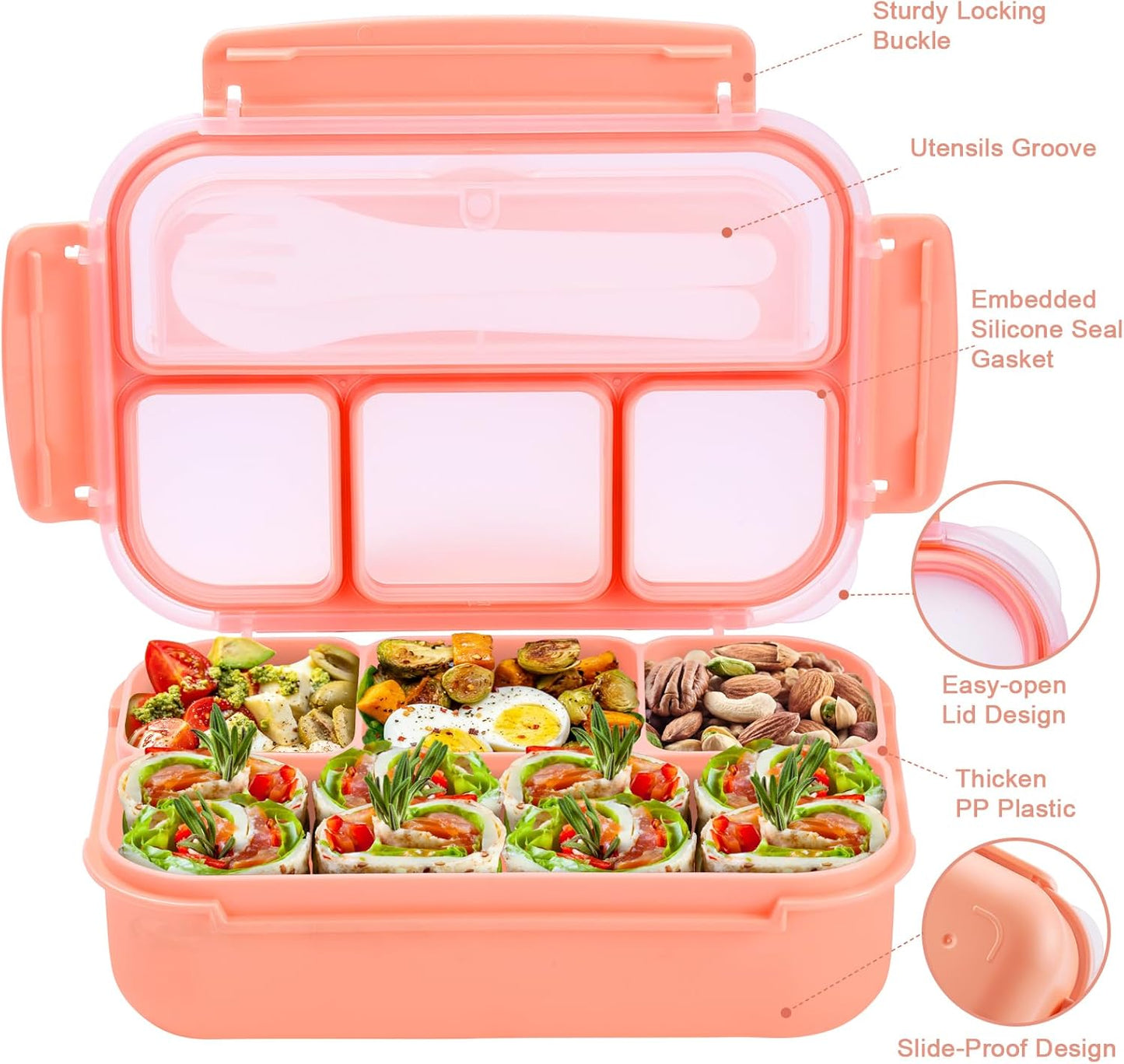 Bento Box Adult Lunch Box, Lunch Containers for Kids Girls Boys with 4 Compartments, Lunchable Food Container with Utensils, Sauce Jar, Muffin Liners, 40 Oz/5 Cup, Microwave & Dishwasher Safe, Pink