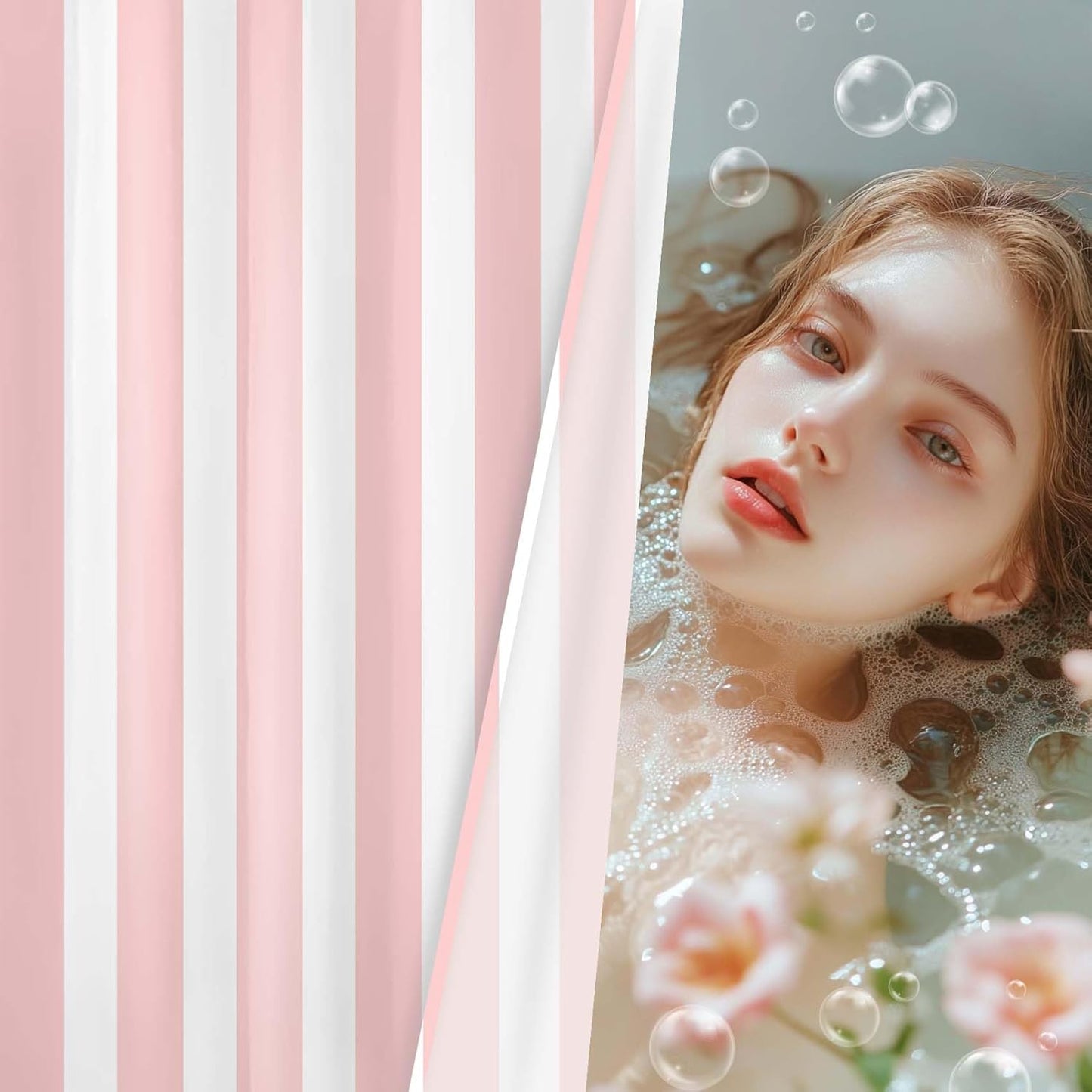 MASLEK Pink and White Striped Shower Curtain for Bathroom, Modern Vertical Stripe Geometric Bathroom Decor Minimalist Aesthetics Bathroom Curtain with Hooks, 72W X 72L Inch