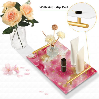 Golden Peach Waves Marble Decorative Beverage Tray with Handles Bed Serving Tray for Jewelry Perfume for Coffee Tables, Office