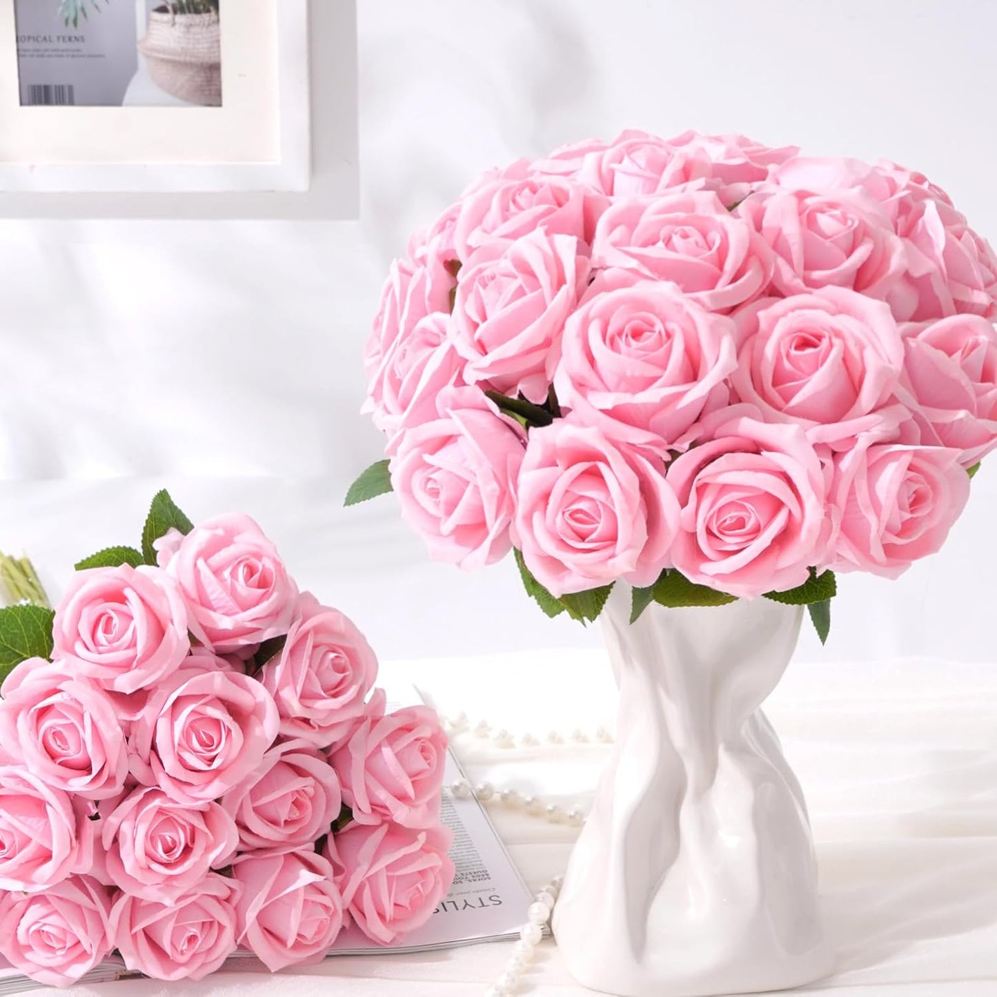 50 Pcs Pink Roses Artificial Flowers, Real Touch Velvet Roses Bouquet Fake Flowers Bulk, Artificial Roses with Long Stems for Birthday Gift Women Mom DIY Bridal Wedding Centerpiece Decorations