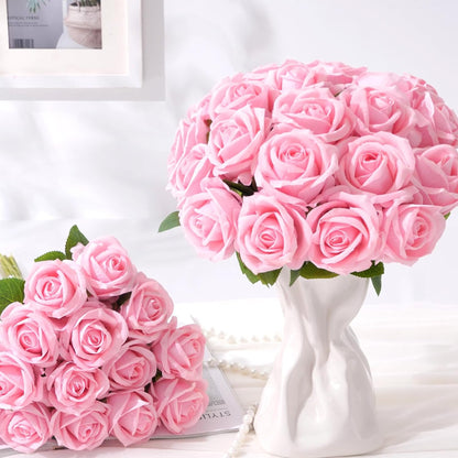 50 Pcs Pink Roses Artificial Flowers, Real Touch Velvet Roses Bouquet Fake Flowers Bulk, Artificial Roses with Long Stems for Birthday Gift Women Mom DIY Bridal Wedding Centerpiece Decorations