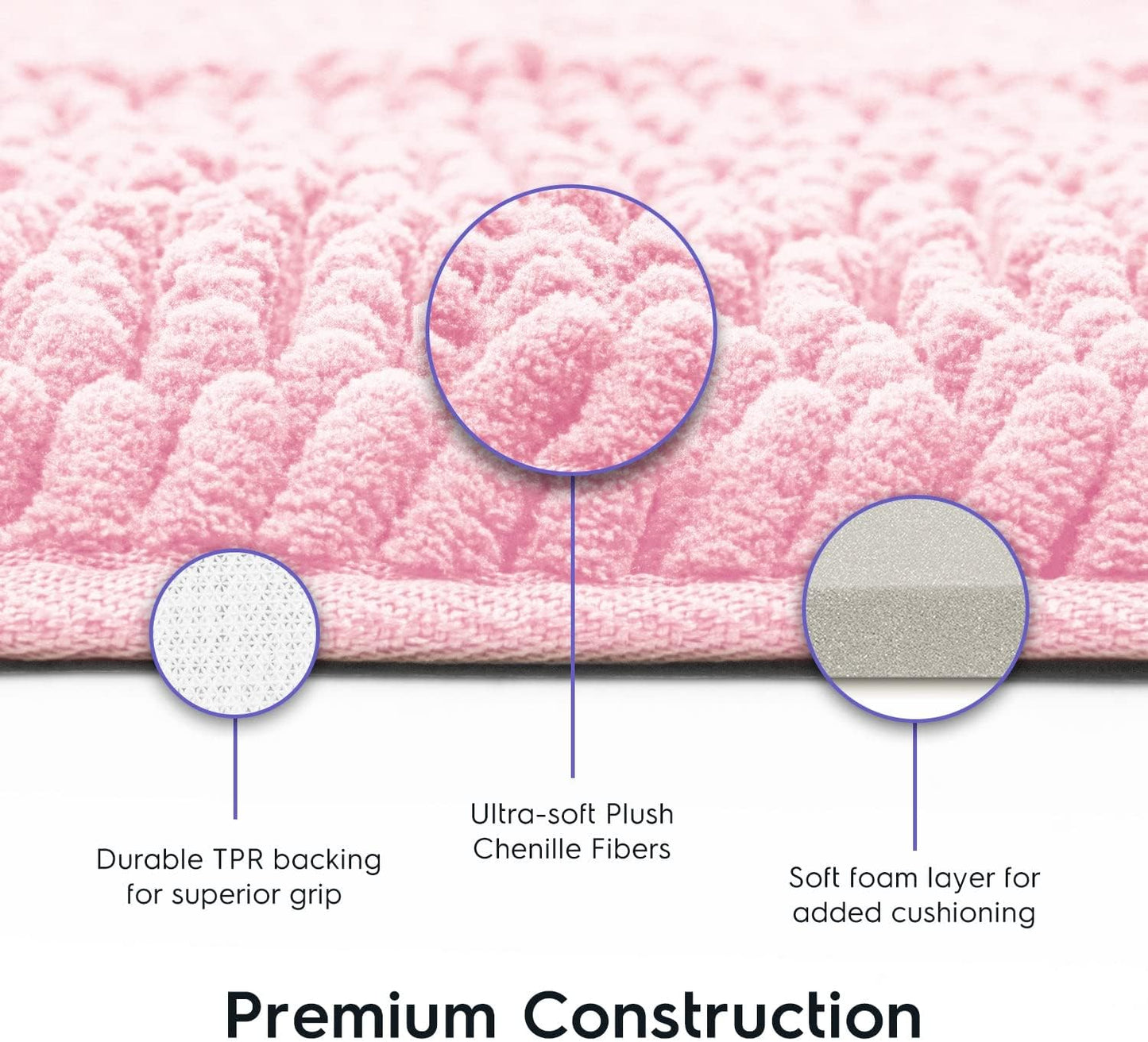 Tafts Bathroom Rugs, Extra-Thick Memory Foam Bath Mat, Ultra-Soft Chenille Microfiber, Highly Absorbent, Machine Washable, Shaggy Bath Mats for Bathroom, Non-Slip (27"x47") Light Pink