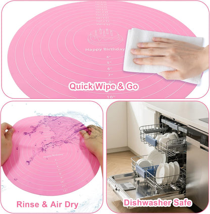 2 PCS 12 Inch Silicone Cake Mat, Round Silicone Baking Mat with Measurements Non-Stick Cookie Pad, Reusable Pastry Baking Sheet for Baking Pizza Pan/Rolling Dough(Pink, Blue)