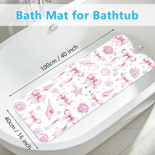 Bath Mat for Tub Non Slip, Cute Bow Bathtub Mats for Girls Non Slip Shower Mat, Machine Washable 40"x16" Long Pink Tub Mats with Suction Cups and Drain Holes for Toddler & Women, Bathroom Decor(Bows)