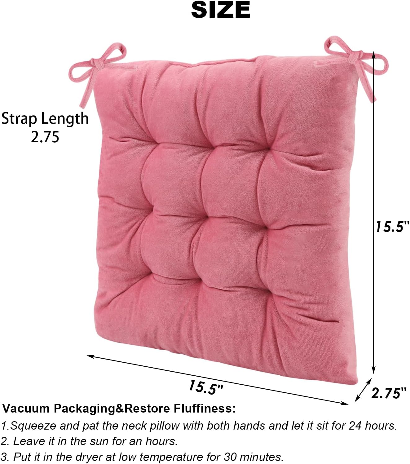 4 Pack Square Seat Cushion Chair Pads for Kitchen Dining Chairs, Soft Comfort Velvet Chair Mat Pillow Cushions with Ties for Office Desk Living Room Tatami 15.5", Pink