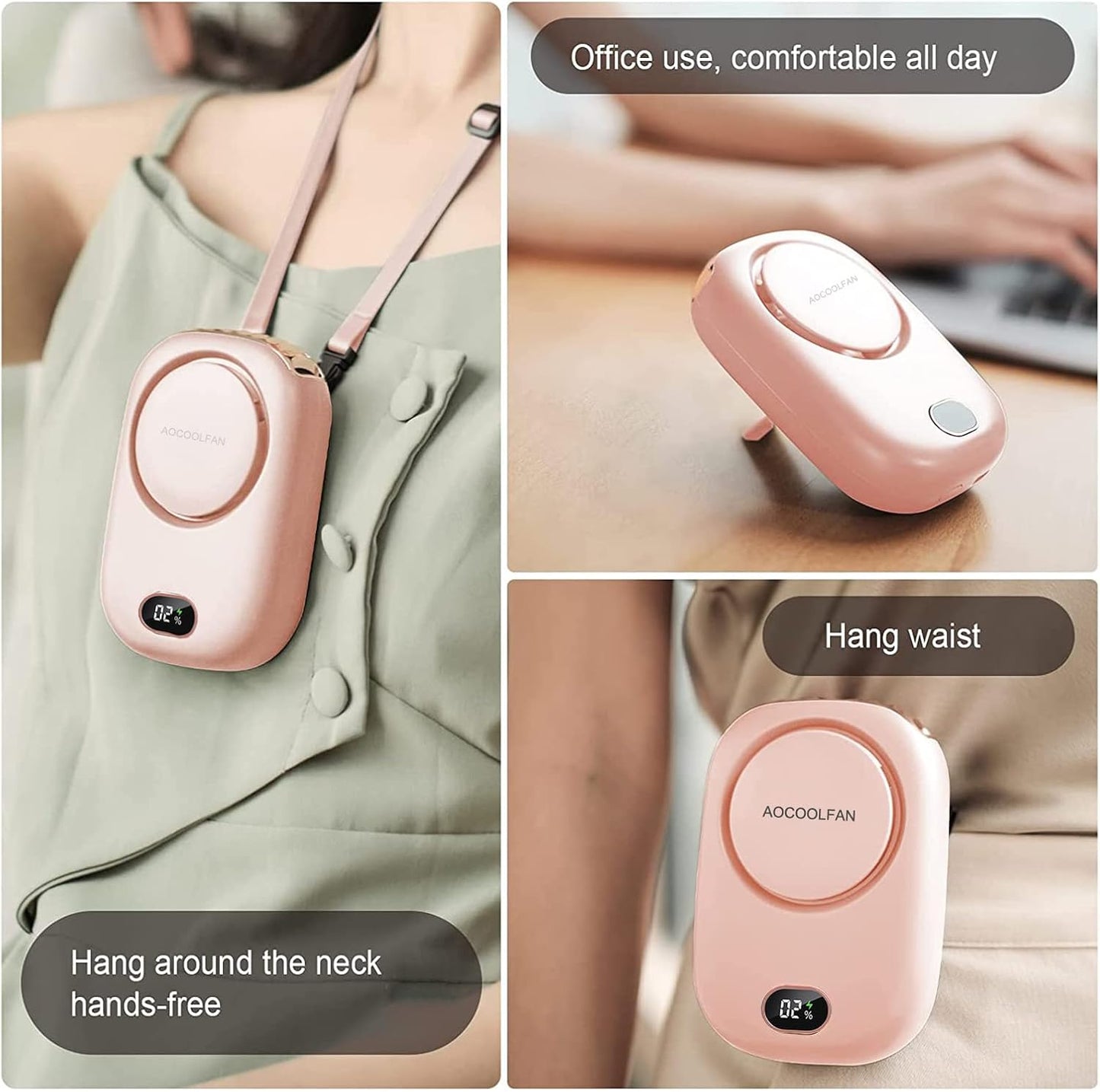 AOCOOLFAN Portable Neck Fan, Mini Small Personal Handheld Fan USB Rechargeable 3 Speed for Girls Boys Woman Eyelash Travel Home Office Outdoor (Pink)