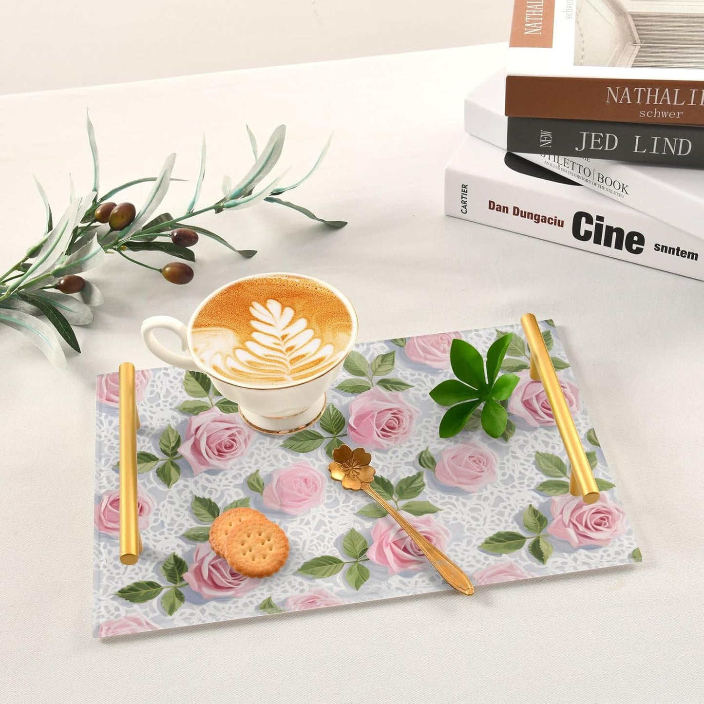 Pink Lace Rose Flowers Decorative Acrylic Cafeteria Tray with Handles Decorative Serving Trays for Jewelry Perfume for Party Serving bandeja para Comer
