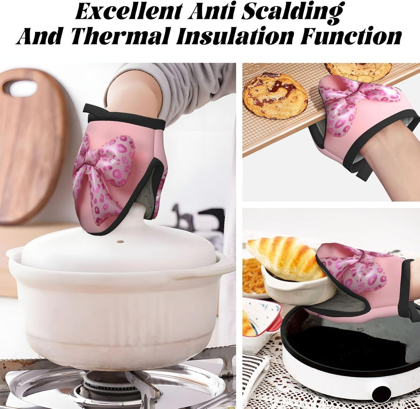 Light Pink Bow Balloon Leopard Pattern Mini Silicone Oven Mitts Heat and Slip Resistant Kitchen Mittens,Short Oven Gloves for Safe Cooking Baking & Grill,5.9"X5.9"