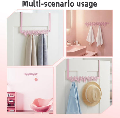 Over The Door Hooks, Pink Butterfly Towel Rack with 5 Hooks Hanging Towel for Bathroom Accessories, Cute Wall Mount Towel Hanger for Hats, Bags, Keys, Home Organizer