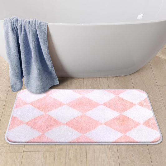 Pink White Checkered Grid Bathroom Mat Non-Slip Bath Rug Microfiber Soft Plush Cute Carpets Floor Mat Machine Wash Dry for Home Tub and Shower Bathroom Decor