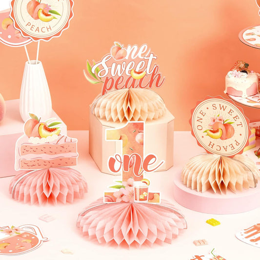 Peach Honeycomb Centerpieces Decorations - Peach First Birthday Decorations Girl, Double-Sided Printing One Sweet Peach Honeycomb Centerpiece for Fruit Themed Birthday Party