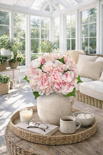 Hollyone Light Pink Hydrangea Artificial Flowers 6pcs Large Real Touch Faux Hydrangeas Silk Flowers Bouquets Fake Flower with Stems for Home Decor Indoor Wedding Kitchen Centerpiece Table Decorations