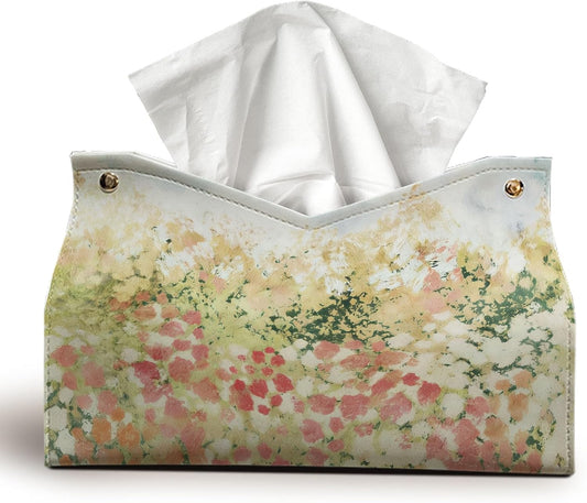 Boho Pink Wildflower Meadow Tissue Box Cover,Spring Green Watercolor Floral Cottagecore Aesthetic Decorative Tissue Holder, Tissue Box for Bedroom Bathroom Living Room Farmhouse Home Decor9.8x5.9x7In