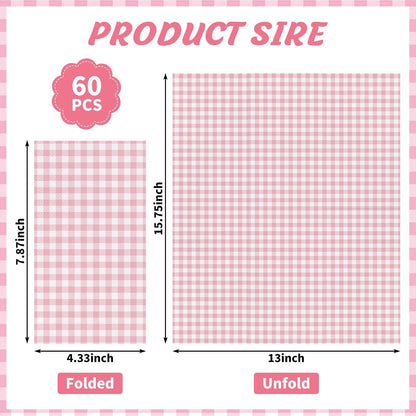 NatNarr 60 Pcs Pink Gingham Napkins, 2 Ply Pink and White Plaid Bathroom Napkin Guest Disposable Checkered Dinner Napkin for Mother's Day Birthday, Baby Bridal Shower, Wedding