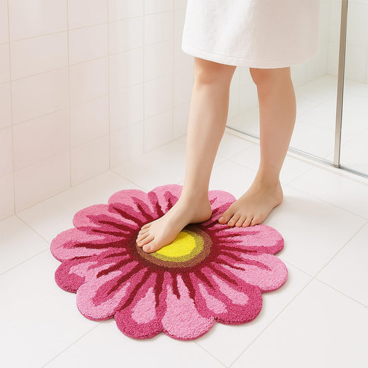 Pink Flowers Bath Rug, Floral Mat for Bathroom Cute Plant Non-Slip Floor Mats, Washable Microfiber Carpet for Living Room Home Fast Dry Area Rug