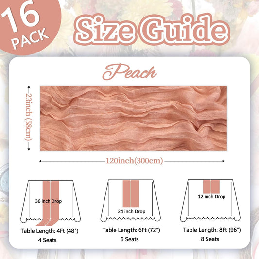 16 Pack Peach Cheesecloth Table Runner 10ft Boho Gauze Fabric 120 Inch Cheese Cloth Table Runner Rustic Sheer for Holiday Baby Shower Party Décor Home Wedding Decoration