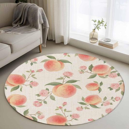 3ft Round Area Rug, Vintage Pink Peaches Flowers Washable Non Slip Area Rugs, Summer Fruit on Linen Non Shedding Soft Floor Carpets for Living Room Bedroom Office Home Decor